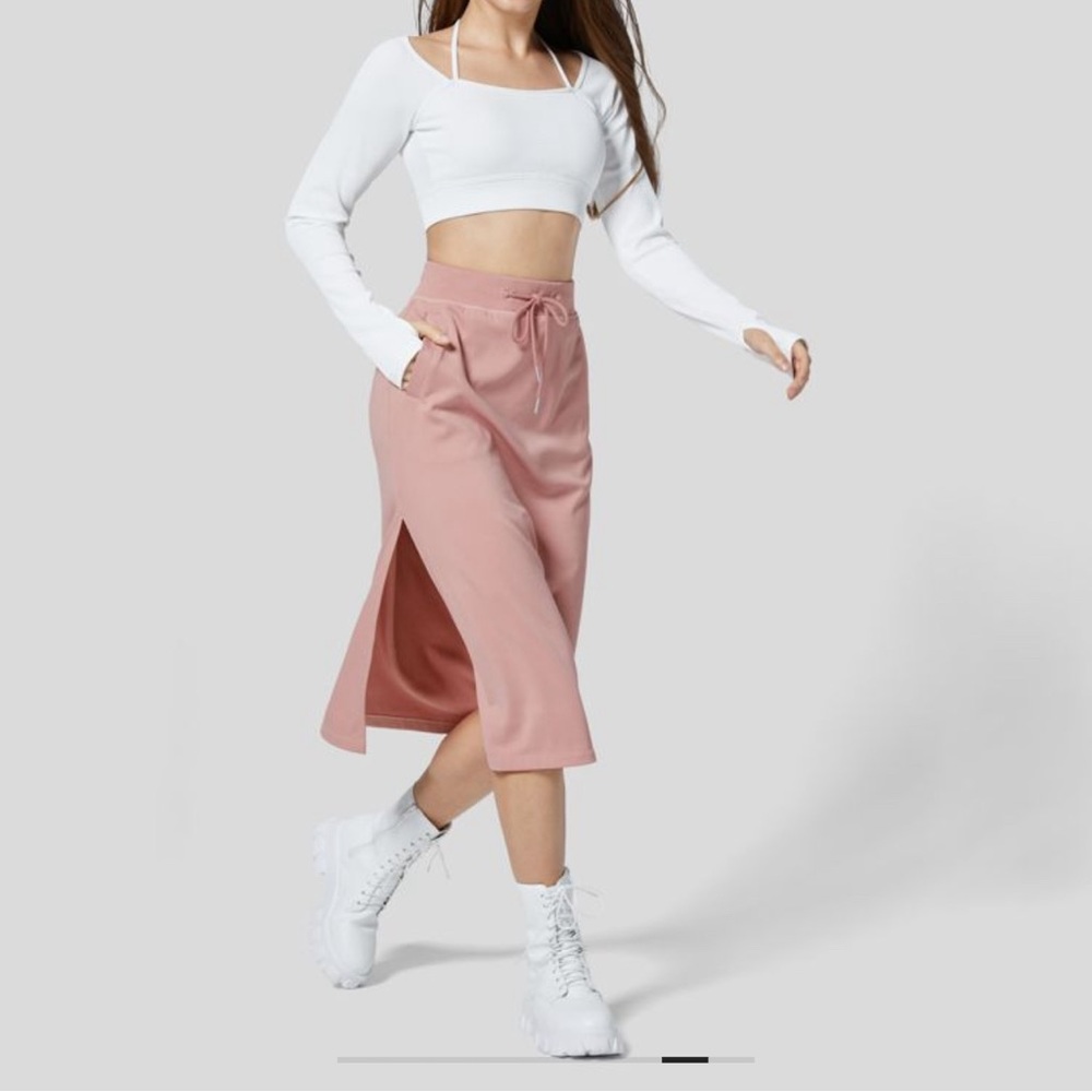 Ribbed High Waisted Drawstring Side Pocket Split Solid A-line
Midi Casua… - Picture 9 of 11